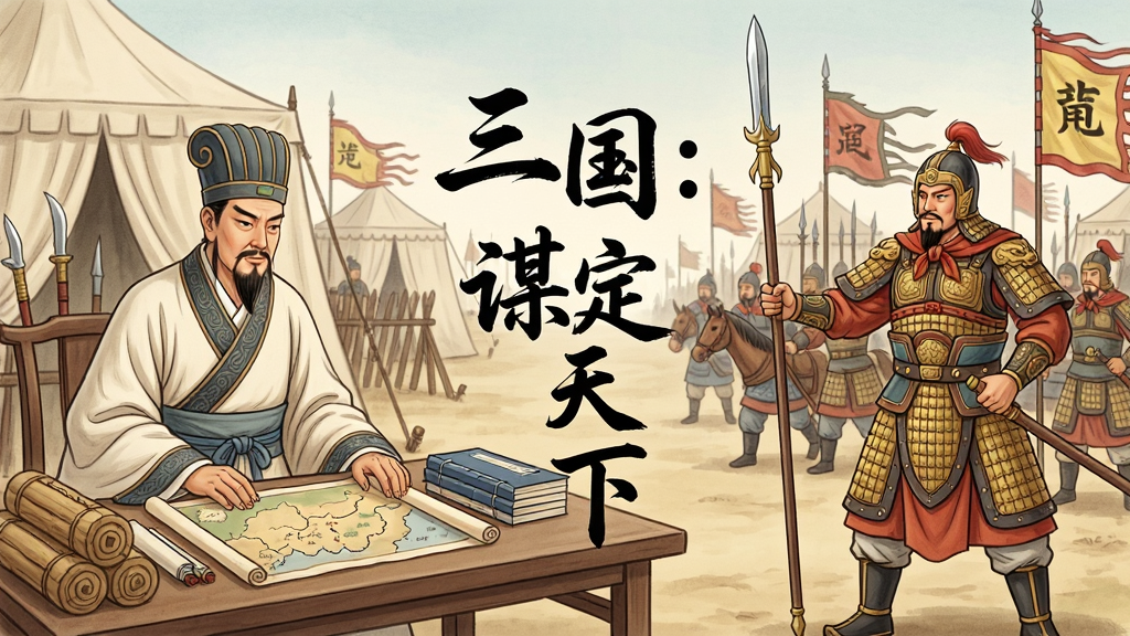 一幅描绘古代三国时期谋士与武将分工合作的插画,画面左侧是一位文官在案前查看地图与粮草账册,右侧是一位武将手持长枪正在操练士兵,背景是营帐与战旗,画面中央有“三国:谋定天下”的书法字体,风格为工笔重彩国风,布局对称,细节精致,画质干净无多余元素