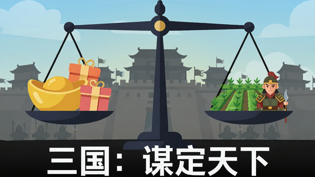 一张概念海报,画面中是一个天平,天平左边是金色的元宝与礼包图标,右边是绿色的农田与士兵图标,天平保持平衡,背景是三国时期的城池剪影,画面下方有“三国:谋定天下”的白色文字,风格为现代扁平插画,构图简洁,色彩明快,画质干净无多余元素