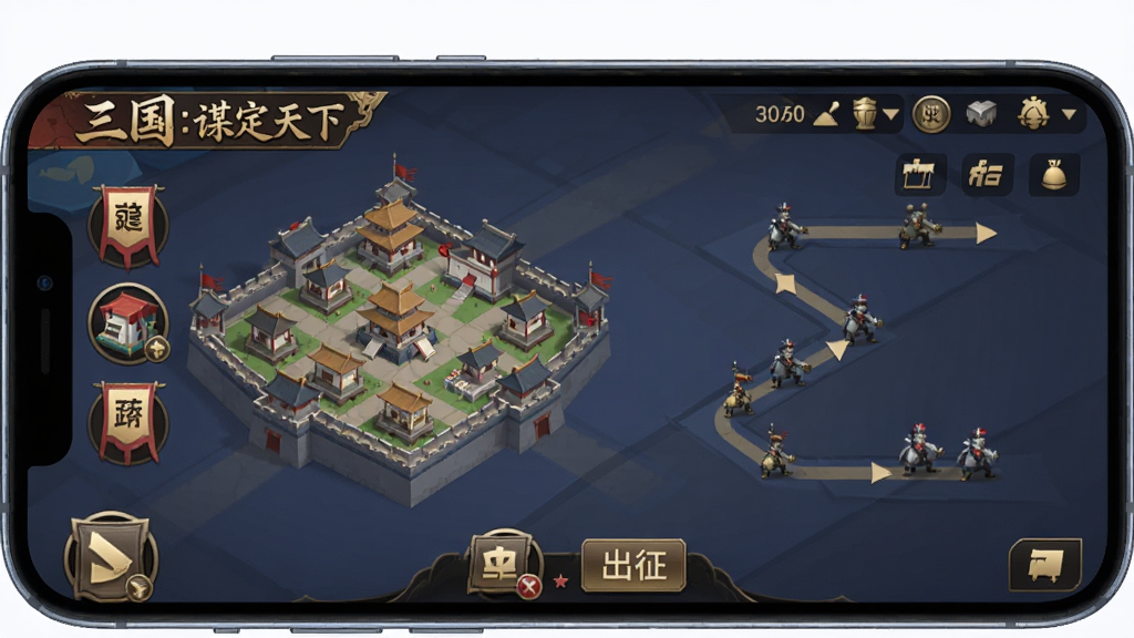 一张展示手机游戏界面截图的画面,画面中是一部横向握持的智能手机,屏幕里显示“三国:谋定天下”的游戏主界面,界面中有城池内政建设按钮与部队出征的行军路线,画面风格为现代扁平化UI设计,色调以深蓝与金色为主,布局清晰,文字标签明确,画质干净无多余元素