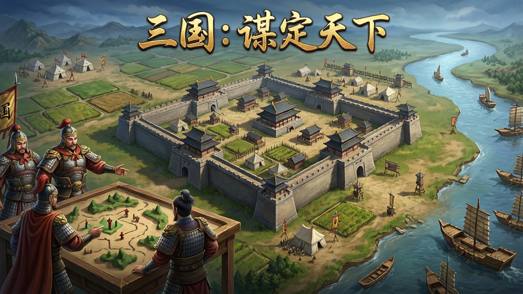 一幅展现三国策略游戏宏大场景的全景图,画面中央是古代中国城池俯瞰图,城墙巍峨,城外有农田与军营,画面左侧是几位身着铠甲的武将正在沙盘前商讨军情,右侧是河流与战船,整体布局大气开阔,画面顶部有金色的“三国:谋定天下”字样,风格为写实中国风游戏原画,细节丰富,色彩厚重,画质清晰干净,无多余元素