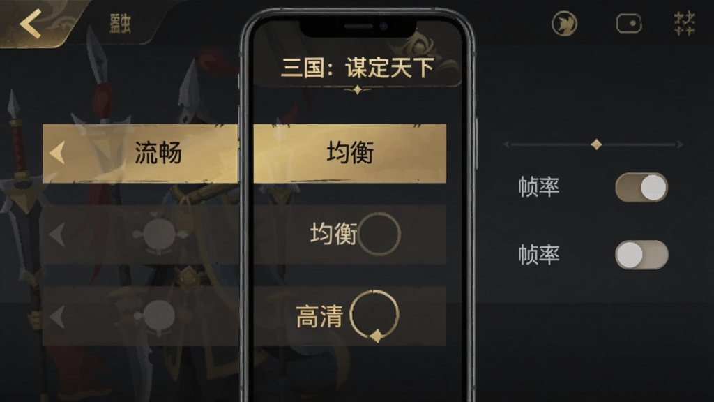 一张展示手机游戏设置界面的截图,画面中是一部竖屏手机,屏幕里显示“三国:谋定天下”的画质调节选项,有流畅、均衡、高清三个档位,旁边有帧率设置开关,画面风格为现代扁平化UI,色调为深色背景搭配金色文字,布局清晰,文字标签明确,画质干净无多余元素