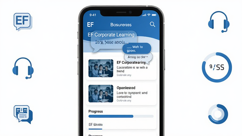 EF Corporate Learning 企业英语培训应用界面,主体为手机屏幕展示课程列表和进度条,布局为居中手机样机加四周功能图标,排版简洁现代,风格为商务蓝白配色,细节包含英语对话气泡、听力耳机图标、学习进度环,画质高清,画面干净,无多余元素
