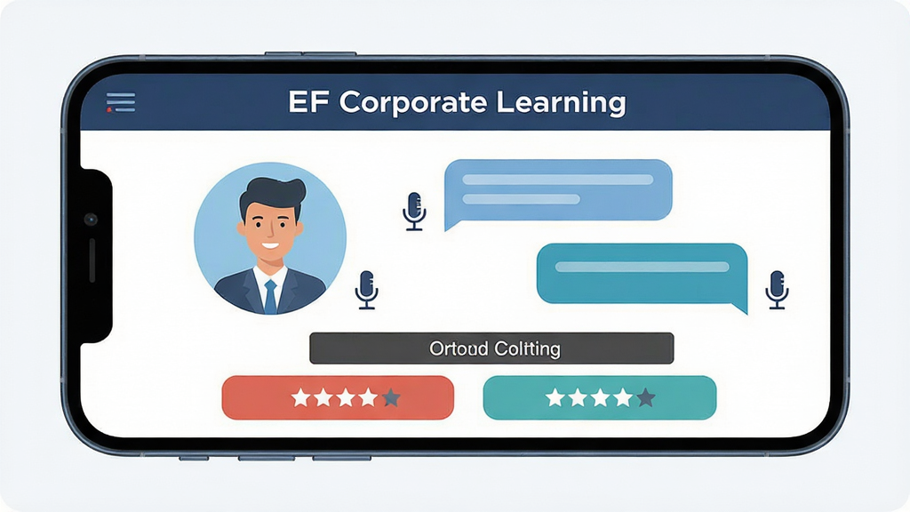 EF Corporate Learning 实战场景模拟功能展示,主体为手机横屏显示视频会议模拟界面,布局为左侧人物头像右侧对话气泡,排版为上下结构上方场景标题下方选项按钮,风格为扁平插画商务风,细节包含麦克风图标、字幕条、评分星星,画质清晰,画面干净,无多余元素