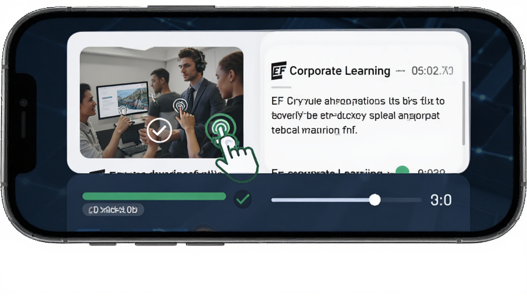 EF Corporate Learning 移动端学习界面操作示意图,主体为手机屏幕显示课程卡片和进度条,布局为上下滚动列表,排版为左图右文,风格为现代简约商务风,细节包含手指点击图标、勾选完成标记、时间显示,画质高清,画面干净,无多余元素