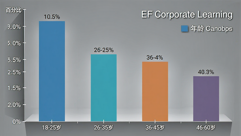 EF Corporate Learning 用户年龄分布柱状图,主体为四根不同高度的柱子,布局为横轴年龄区间纵轴百分比,排版为左对齐标题右对齐图例,风格为扁平数据可视化,细节包含18-25岁、26-35岁、36-45岁、46-60岁标签,画质清晰,画面干净,无多余元素