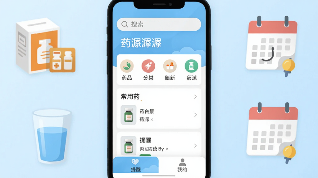 画面主体是手机屏幕里展示着药潺潺App的主界面,界面布局简洁清晰,顶部有搜索框,中间是药品分类图标和常用药列表,底部有提醒和我的两个选项卡,背景是淡蓝色渐变,周围环绕着药盒、水杯、日历提醒等小元素,整体风格清新扁平,画质干净明亮,无多余元素,文字清晰可见“药潺潺”