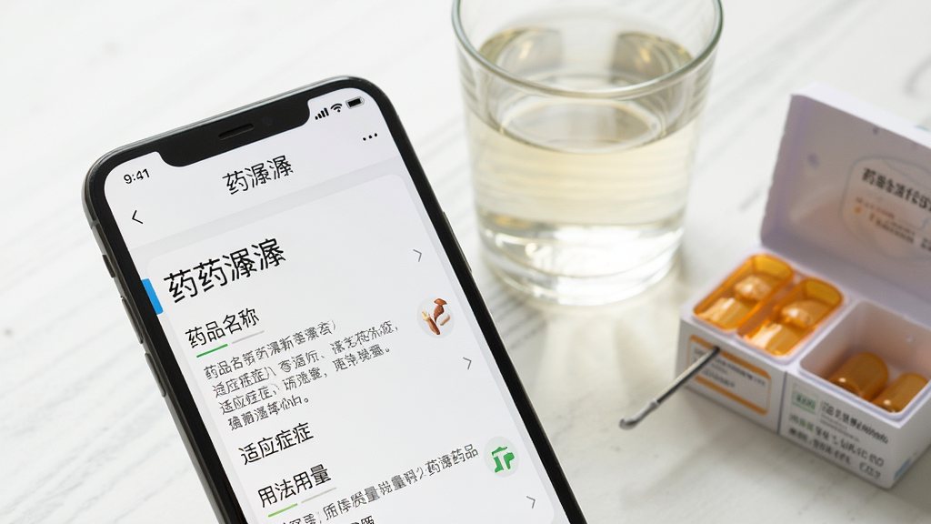 手机屏幕特写,屏幕上是药潺潺的药品详情页面,清晰展示着药品名称、适应症和用法用量等文字信息,页面排版整齐,背景是白色,旁边放着一杯温水和一个打开的药盒,光线柔和,风格写实干净,画质清晰,屏幕上方有“药潺潺”字样