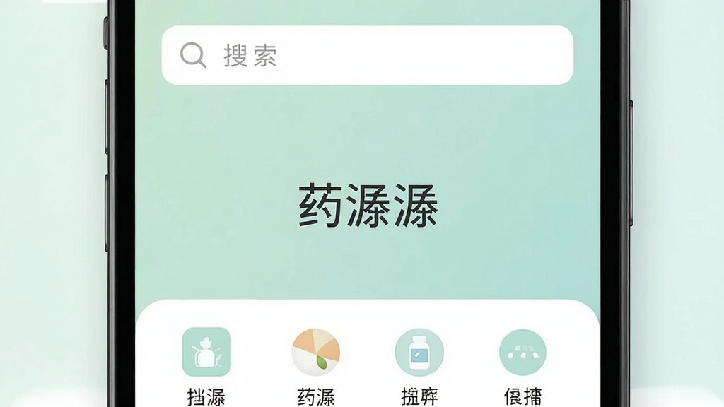 手机屏幕展示药潺潺App的首页干净界面,没有任何广告横幅和弹窗,只有搜索框和功能图标,背景是纯色淡雅风格,画面简洁明了,风格极简干净,画质清晰锐利,屏幕中央有“药潺潺”应用名称