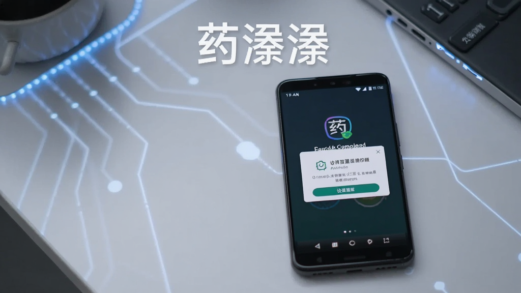 一部安卓手机放在桌面上,屏幕显示药潺潺的安装完成界面,旁边有设置权限的弹窗提示,画面风格简洁科技感,画质清晰,手机上方有“药潺潺”字样