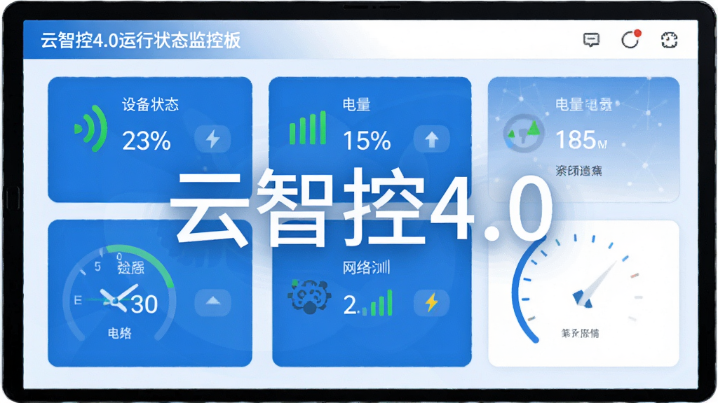 一张展示云智控4.0运行状态监控面板的图片,画面中有一个仪表盘风格的界面,上面显示设备在线状态、电量百分比、网络信号强度等图标,主色调为蓝白,风格简洁现代,画质干净,无多余元素,图片中带有“云智控4.0”文字