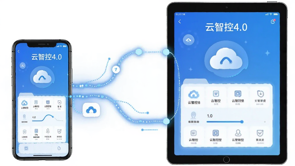 一张表现多设备实时同步的示意图,画面左侧是手机,右侧是平板,中间用发光的连线表示数据同步,设备屏幕上都显示云智控4.0的界面,风格科技感扁平,蓝色调为主,画质清晰,无多余元素,图片中带有“云智控4.0”文字