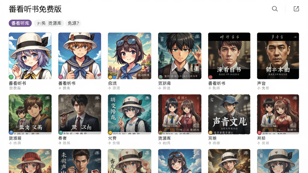 番看听书免费版 资源库界面,展示动漫和有声书网格排列,封面图丰富多样,分类标签清晰可见,画面中有