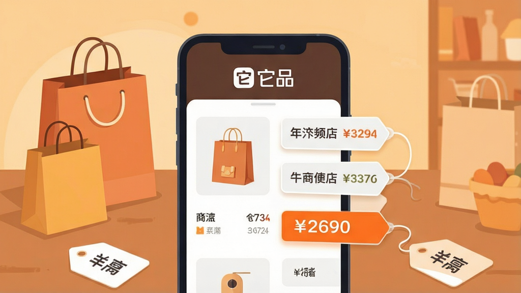 一张展示它品App智能比价功能的界面截图风格插画,画面中一部手机放置在桌面中央,手机屏幕上显示着