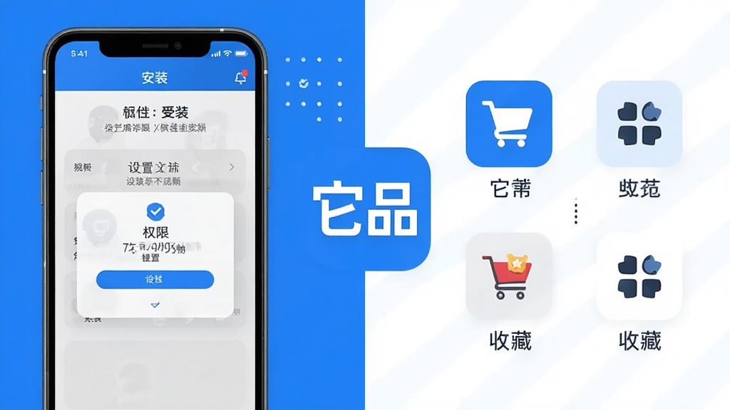 一张展示它品App新手使用指南的插画,画面分为左右两部分,左侧是手机界面展示安装步骤和权限设置弹窗,右侧是购物车与收藏夹的图标对比示意图,画面中央有