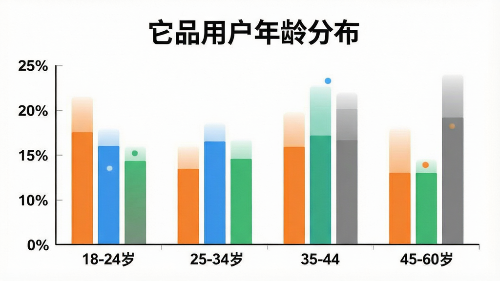 一张展示它品用户年龄分布的柱状图插画,图表横轴标注18-24岁、25-34岁、35-44岁、45-60岁四个年龄段,纵轴为用户占比百分比,柱状图颜色分别为橙色、蓝色、绿色、灰色,图表上方有