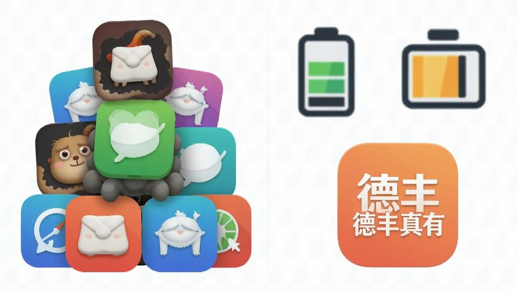 一张手机资源占用对比示意图,画面左侧是一个臃肿的App图标堆叠,右侧是“德丰真有”App图标显得轻盈小巧,背景有电池和存储空间的图标元素,风格简洁直观,画质干净,画面中“德丰真有”文字清晰可见