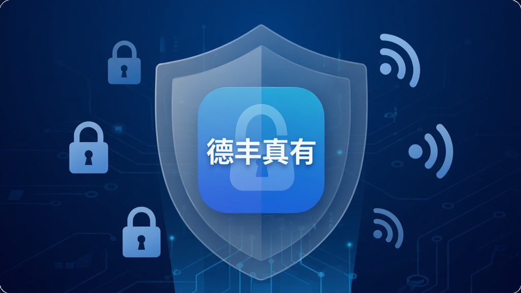 一张数据安全与离线使用概念图,画面中“德丰真有”App图标被一个半透明的盾牌保护着,盾牌周围有锁头和网络信号图标,背景是深蓝色科技感渐变,风格简约安全,画质干净,文字“德丰真有”在盾牌中央