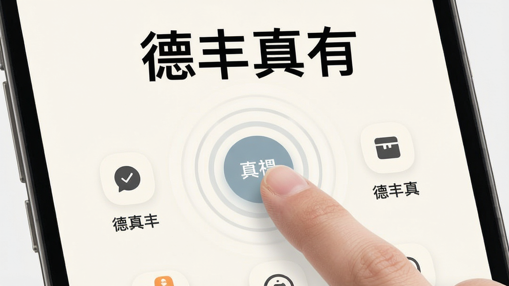 一张App功能界面截图风格图,画面展示“德丰真有”的极简交互设计,浅色背景,大号字体和图标排列整齐,一个手指正在点击屏幕中央的圆形功能按钮,周围有轻微的点击波纹特效,风格清新现代,画质干净无多余元素,画面中带有“德丰真有”文字标识