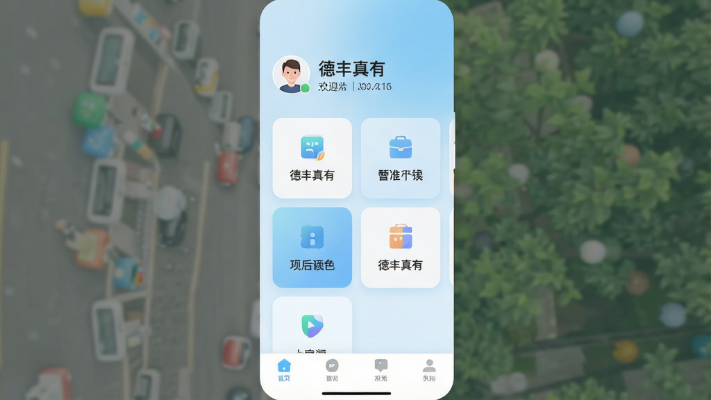 一张手机应用界面展示图,画面中央是“德丰真有”App的主页,整体布局简洁明快,顶部显示用户头像和欢迎语,中间区域是功能入口卡片式排列,底部有导航栏,背景为柔和的浅蓝色渐变,风格现代扁平化,细节圆润,画质干净清晰,无多余元素,文字内容清晰可辨“德丰真有”