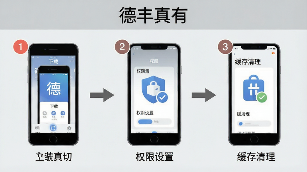 一张手机操作指引示意图,画面展示“德丰真有”App的安装和设置流程,分步骤用数字标注,包括下载、权限设置、缓存清理等图标,背景为浅灰色,风格简洁教程风,画质干净,文字“德丰真有”出现在顶部标题区域
