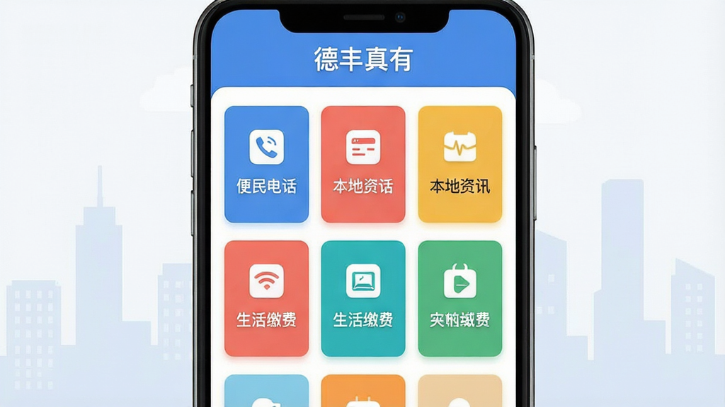 一张生活服务信息聚合界面示意图,画面以“德丰真有”App为背景,屏幕中央展示分类清晰的卡片列表,包括便民电话、本地资讯、生活缴费等图标,每个卡片颜色不同但整体协调,背景有轻微的城市剪影元素,风格现代扁平,画质干净,文字“德丰真有”出现在顶部标题栏