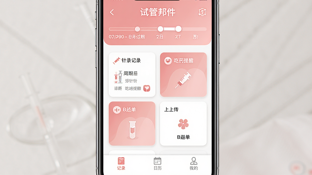 试管邦软件主界面全貌展示,画面中央是手机屏幕,屏幕上显示着试管邦APP的首页,顶部有周期进度条和日期,中间是打针记录、吃药提醒、B超单上传等功能卡片,底部有记录、日历、我的三个导航栏,整体配色以柔和的粉色和白色为主,风格温馨简洁,画质清晰干净,无多余元素