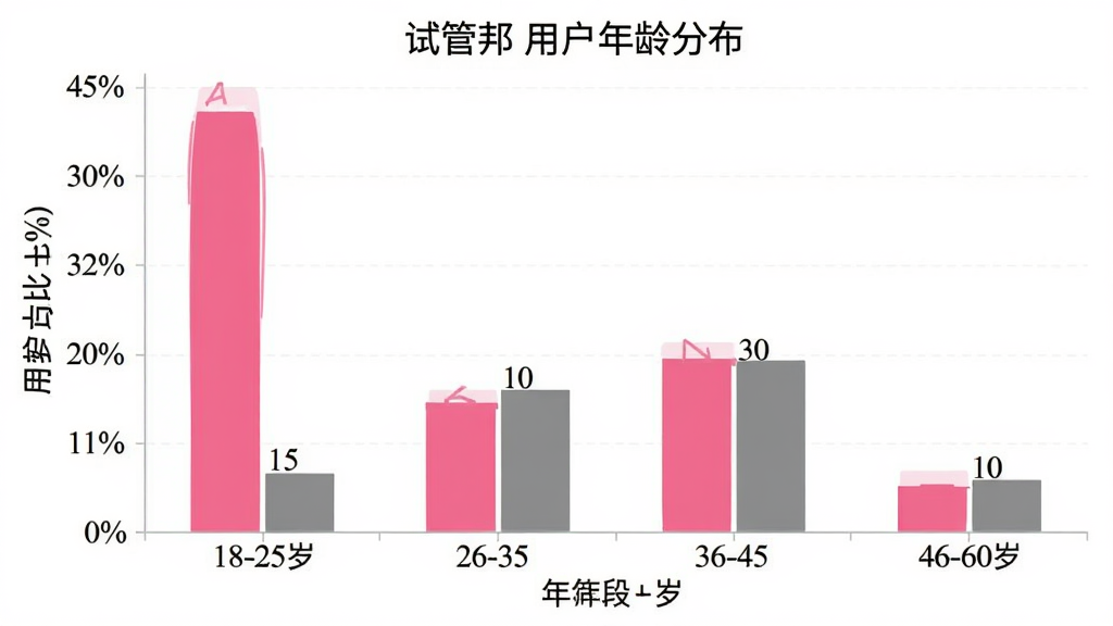 试管邦用户年龄分布柱状图,横轴为年龄段18-25岁、26-35岁、36-45岁、46-60岁,纵轴为用户占比百分比,柱状图显示26-35岁占比最高约45%,36-45岁约30%,18-25岁约15%,46-60岁约10%,图表配色为粉色和灰色,风格简洁清晰,画质干净,无多余元素