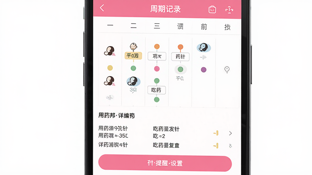 试管邦APP的周期记录界面,手机屏幕中显示着日历视图,上面标注了打针、吃药、复查等不同颜色的圆点标记,下方有详细的用药清单和提醒设置按钮,画面风格简洁明亮,以粉色和白色为主色调,文字清晰,画质干净,无多余元素
