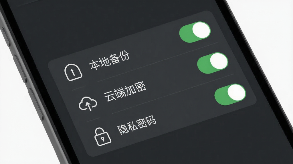 试管邦APP的数据安全设置界面,手机屏幕显示着“本地备份”“云端加密”“隐私密码”等选项开关,背景为深灰色,图标为白色线条风格,整体感觉专业可靠,画质干净,无多余元素