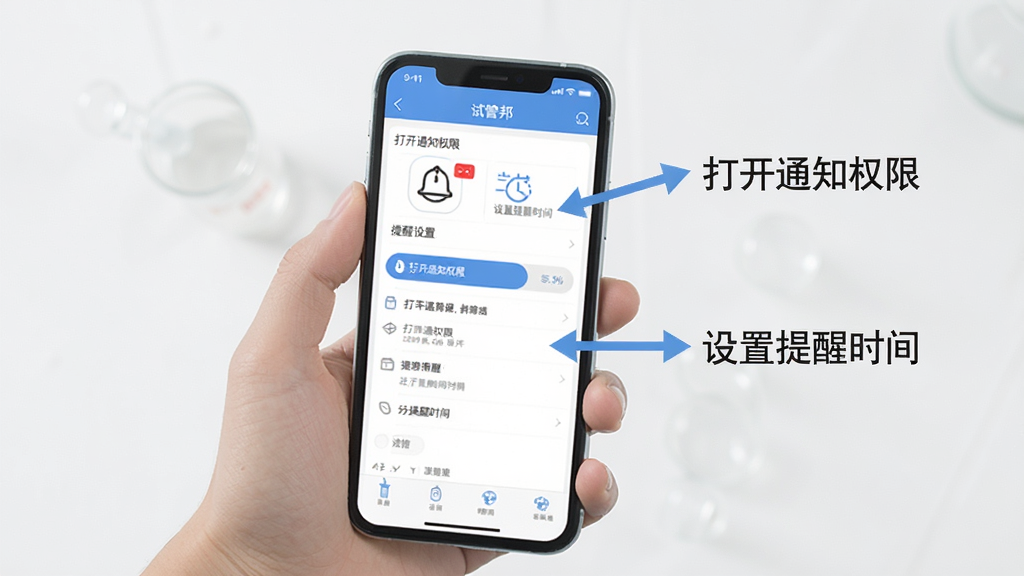 试管邦APP在手机上的操作指引示意图,画面中一只手拿着手机,屏幕上显示着试管邦的提醒设置界面,旁边有箭头标注“打开通知权限”“设置提醒时间”等文字,背景简洁,风格清晰,画质干净,无多余元素