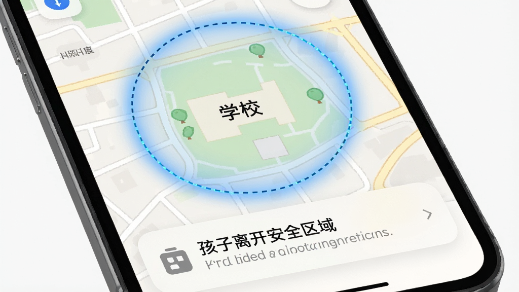 手机定位找人安全区域提醒功能展示,手机屏幕显示地图上有一个圆形虚线范围标注为学校区域,范围边缘有蓝色光圈效果,底部弹出通知卡片显示孩子已离开安全区域,界面简洁明亮,图标清晰,画质干净