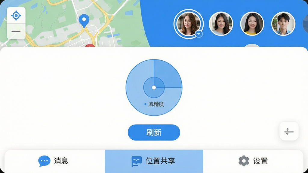 手机定位找人软件主界面截图,整体采用蓝白配色方案,顶部显示实时地图和好友头像列表,中间区域展示定位精度范围和刷新按钮,底部为消息、位置共享、设置三个选项卡,界面布局清晰简洁,文字标签明确,风格现代扁平化,图标圆润,画质干净无多余元素