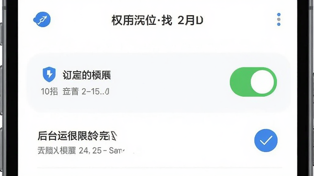 手机定位找人权限设置界面示意图,手机屏幕显示应用权限管理页面,定位权限和高亮显示为已开启状态,后台运行权限旁边有蓝色勾选标记,界面采用白色背景和蓝色主色调,布局清晰,文字标签明确,画质干净无多余元素