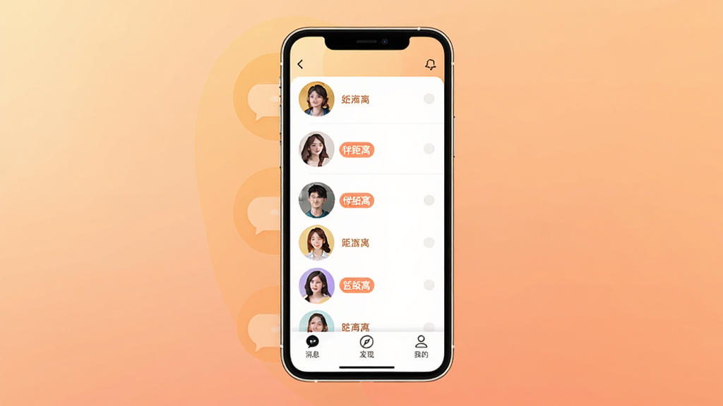 附近伴聊社交软件主界面展示,手机屏幕中央显示附近用户头像列表和距离标签,底部有消息、发现、我的三个导航按钮,背景是柔和的暖色调渐变,风格现代简洁,画质干净清晰,无多余元素