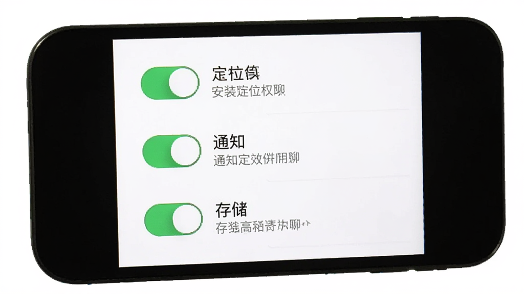 附近伴聊安装设置权限界面,手机屏幕显示定位、通知、存储三个权限开关,每个开关旁有文字说明,背景白色,风格简洁明了,画质干净,无多余元素