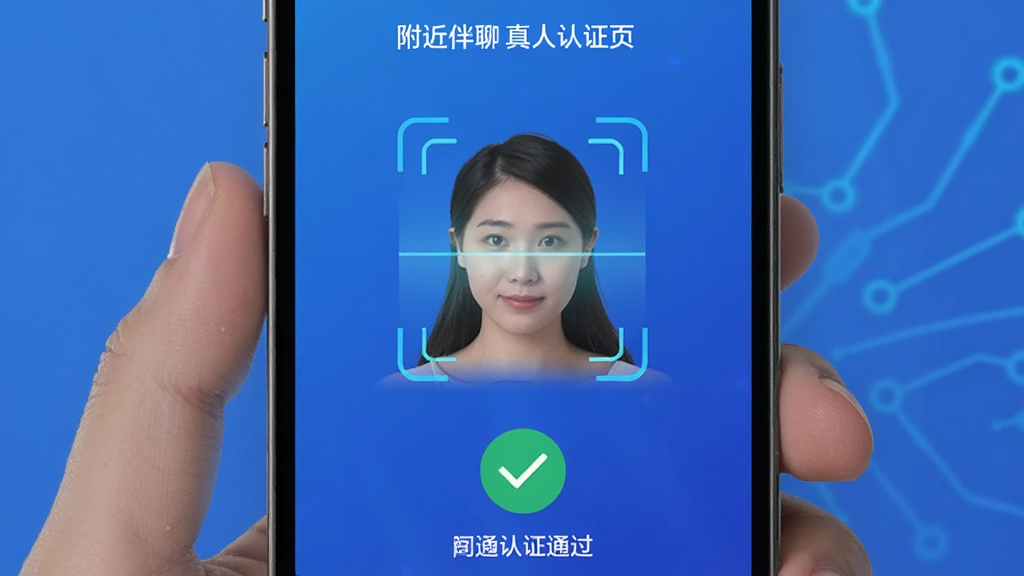 附近伴聊真人认证页面,手机屏幕显示人脸识别扫描框和认证通过的对勾图标,背景是蓝色渐变,风格科技感简洁,画质干净,无多余元素