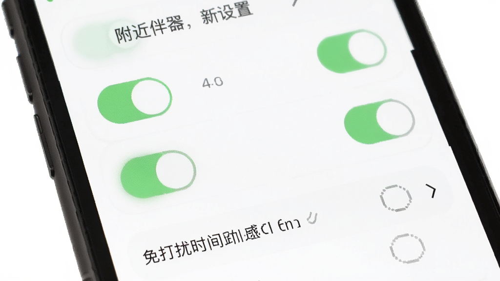 附近伴聊消息通知设置界面,手机屏幕显示多个开关按钮和免打扰时间段选项,背景白色,风格极简,画质干净,无多余元素
