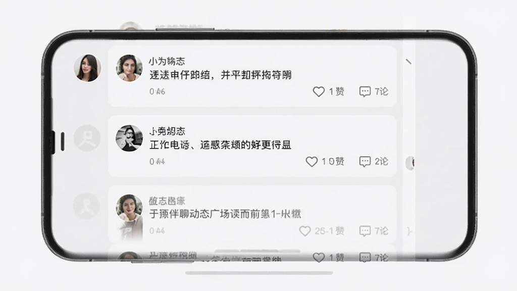 附近伴聊动态广场界面,手机屏幕显示瀑布流布局的用户动态卡片,每张卡片包含用户头像、文字内容和点赞评论图标,背景浅灰色,风格清爽,画质干净,无多余元素