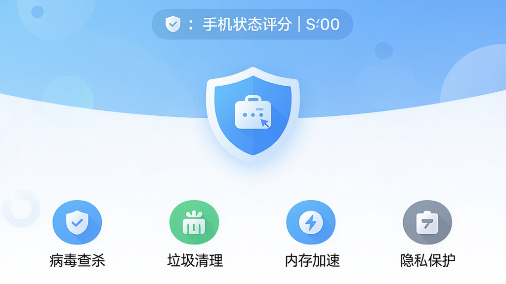 手机管家杀毒软件主界面展示,浅蓝色与白色渐变背景,顶部显示手机状态评分,中间是醒目的安全防护盾图标,下方排列着病毒查杀、垃圾清理、内存加速、隐私保护四大功能入口,图标采用圆润扁平风格,界面干净整洁无广告,画质清晰,无多余元素