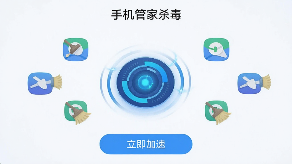 手机管家杀毒内存加速功能界面,浅色背景,中央是一个动态的加速引擎图标,周围环绕着正在被清理的后台应用图标,底部有“立即加速”按钮,界面顶部显示“手机管家杀毒”文字,风格简洁现代,画质干净,无多余元素