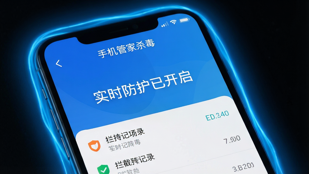 手机管家杀毒实时防护功能界面,手机屏幕边缘有一圈蓝色的光晕在流动,中央显示“实时防护已开启”字样,下方有拦截记录列表,界面顶部显示“手机管家杀毒”文字,风格安全可靠,画质干净,无多余元素