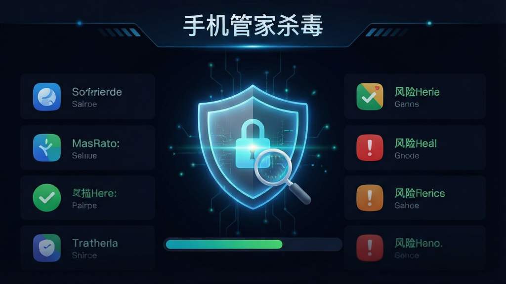 手机管家杀毒病毒查杀功能界面,深色背景,中央是一个发光的盾牌正在扫描手机应用列表,进度条显示扫描进度,周围有绿色对勾标记安全项,红色感叹号标记风险项,界面顶部显示“手机管家杀毒”文字,风格科技感强,画质干净,无多余元素