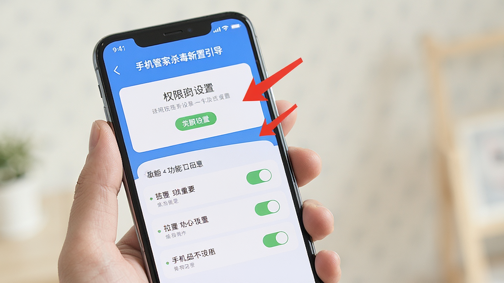 手机管家杀毒新手设置引导界面,画面中有一只手拿着手机,屏幕上显示权限设置和功能开关列表,重要选项旁边有红色箭头标注,界面清晰明了,风格友好亲和,画质干净,无多余元素