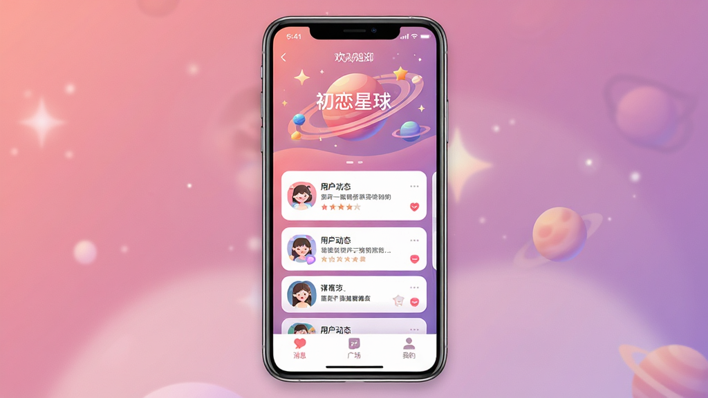 一张展示“初恋星球”App全貌的详细生图提示词,主体是一个智能手机屏幕,屏幕上显示“初恋星球”App的主界面,界面布局为顶部有动态星球环绕的欢迎语,中间是卡片式滑动的用户动态列表,底部是消息、广场、我的三个导航按钮,整体排版简洁,风格为温馨浪漫的粉紫渐变色调,细节上带有柔和的星光点缀和圆润的图标设计,画质高清,画面干净,无多余元素。