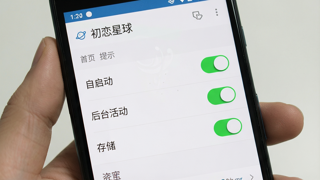 一张展示“初恋星球”App安装权限设置界面的生图提示词,主体是手机屏幕显示应用权限管理页面,页面标题为“初恋星球”,下方列表有“自启动”、“后台活动”、“存储”等权限开关,布局清晰,风格为安卓原生设置界面,细节上开关按钮带有绿色高亮表示已开启,画质高清,画面干净,无多余元素。