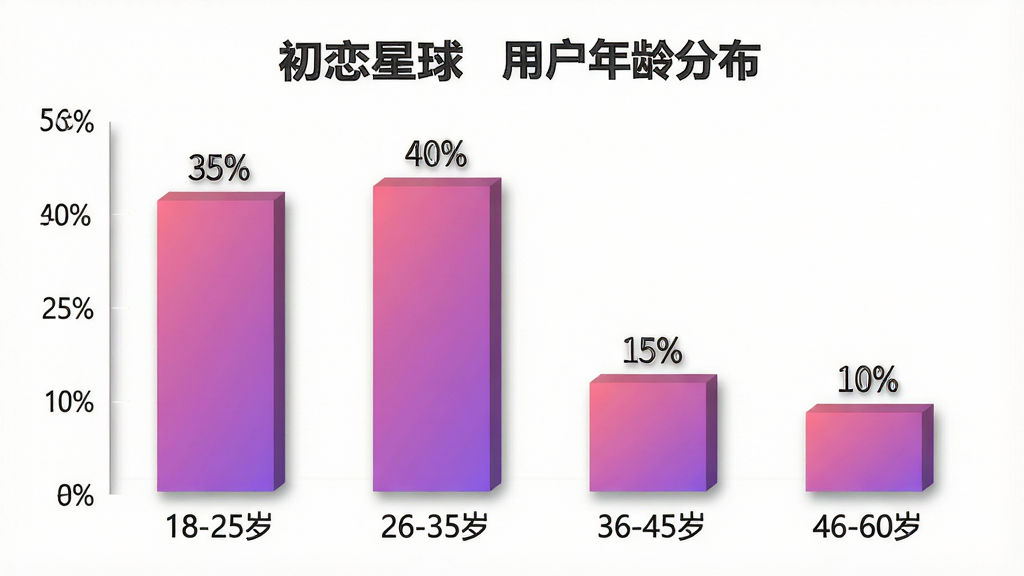 一张展示“初恋星球”用户年龄分布柱状图的生图提示词,主体是一个数据图表,横轴为年龄段“18-25岁、26-35岁、36-45岁、46-60岁”,纵轴为百分比,柱状图颜色为渐变的粉紫色,柱子上方标有具体数字“35%、40%、15%、10%”,布局在白色背景上,风格简洁商务,细节上柱子有轻微的立体阴影,画质高清,画面干净,无多余元素。