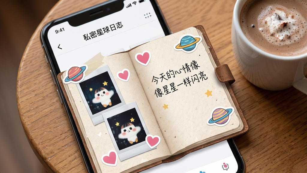 一张展示“初恋星球”App私密星球日志功能的生图提示词,主体是一个手机屏幕特写,屏幕上显示一本翻开的虚拟手账本,手账本左边页面贴着拍立得照片,右边页面写着手写体文字,周围有爱心贴纸和星球贴纸装饰,布局上手机放在一张木质桌面上,旁边有一杯热可可,风格温馨治愈,细节上纸张纹理清晰,文字内容为“今天的心情像星星一样闪亮”,画质高清,画面干净,无多余元素。