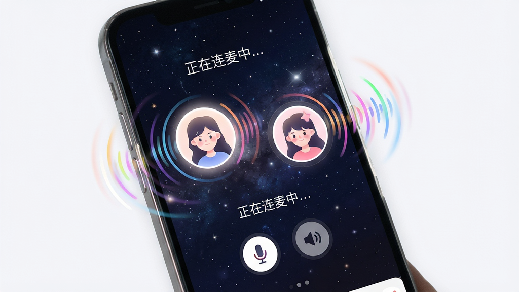一张展示“初恋星球”App语音连麦功能的生图提示词,主体是手机屏幕显示语音连麦界面,屏幕中央有两个圆形的头像,头像外围有彩色声波环绕,下方是麦克风和扬声器图标,布局上屏幕背景是深邃的星空图,风格梦幻且现代,细节上声波动态感强,头像带有柔光效果,文字显示“正在连麦中...”,画质高清,画面干净,无多余元素。