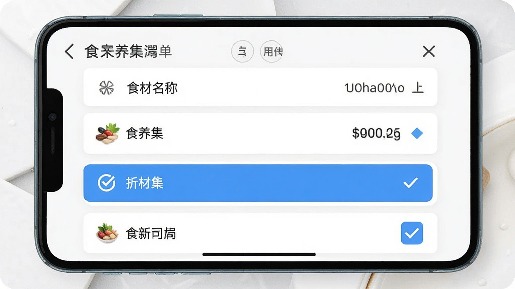 ʳ����App�ɹ��嵥���棬�嵥���г�ʳ�����ƺ�������������Ŀ�ѹ�ѡ������Ϊ��ɫ��Ƭʽ���֣����ʵ�ã�ϸ�����������ʸɾ��޶���Ԫ��