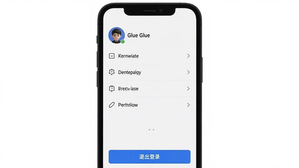 My Glue 应用设置界面,手机屏幕居中展示,顶部显示账号头像和名称,中部为权限管理、通知设置、缓存清理等选项列表,底部为退出登录按钮,背景为白色,风格简洁,画质干净,无多余元素